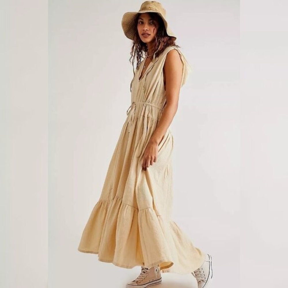 Free People Tan Cotton Linen Blend Sleeveless Hooded Tiered Maxi Dress Sz. M